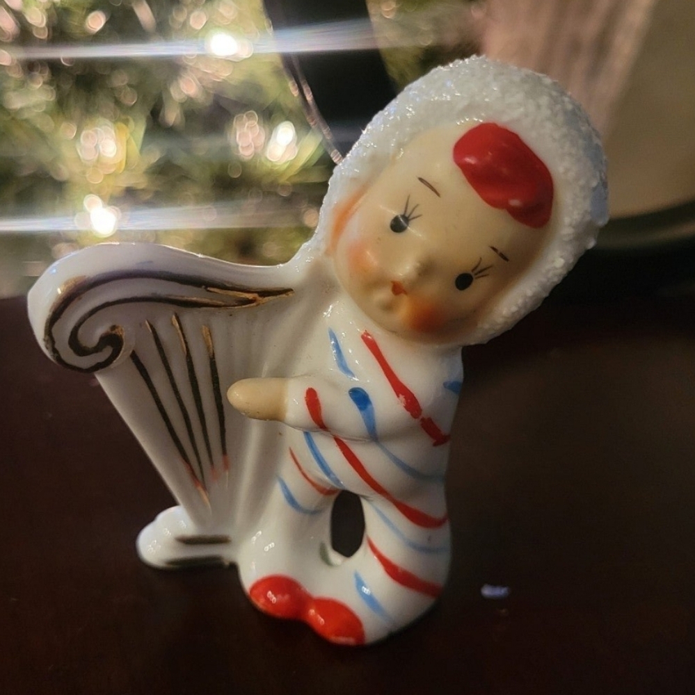 Lefton Rare Vintage Candy Cane Figurine with Harp